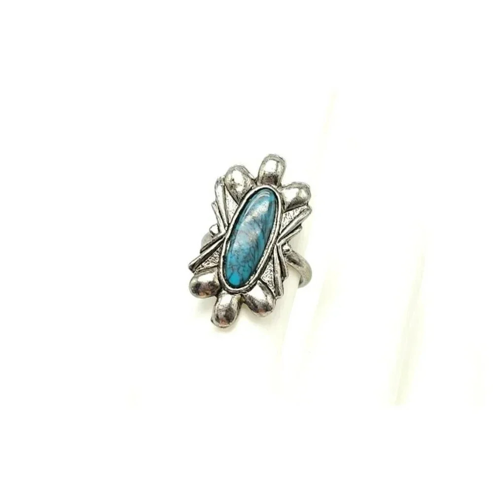 Faux Blue Turquoise Southwest Silver Tone Vintage 1970s Flower Ring Size 7